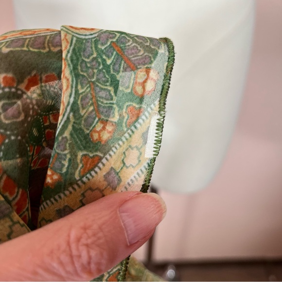 Vintage 1960 70 MCM Mod Avocado green Paisley semi sheer Bow Neck scarf Cravat - Picture 5 of 16